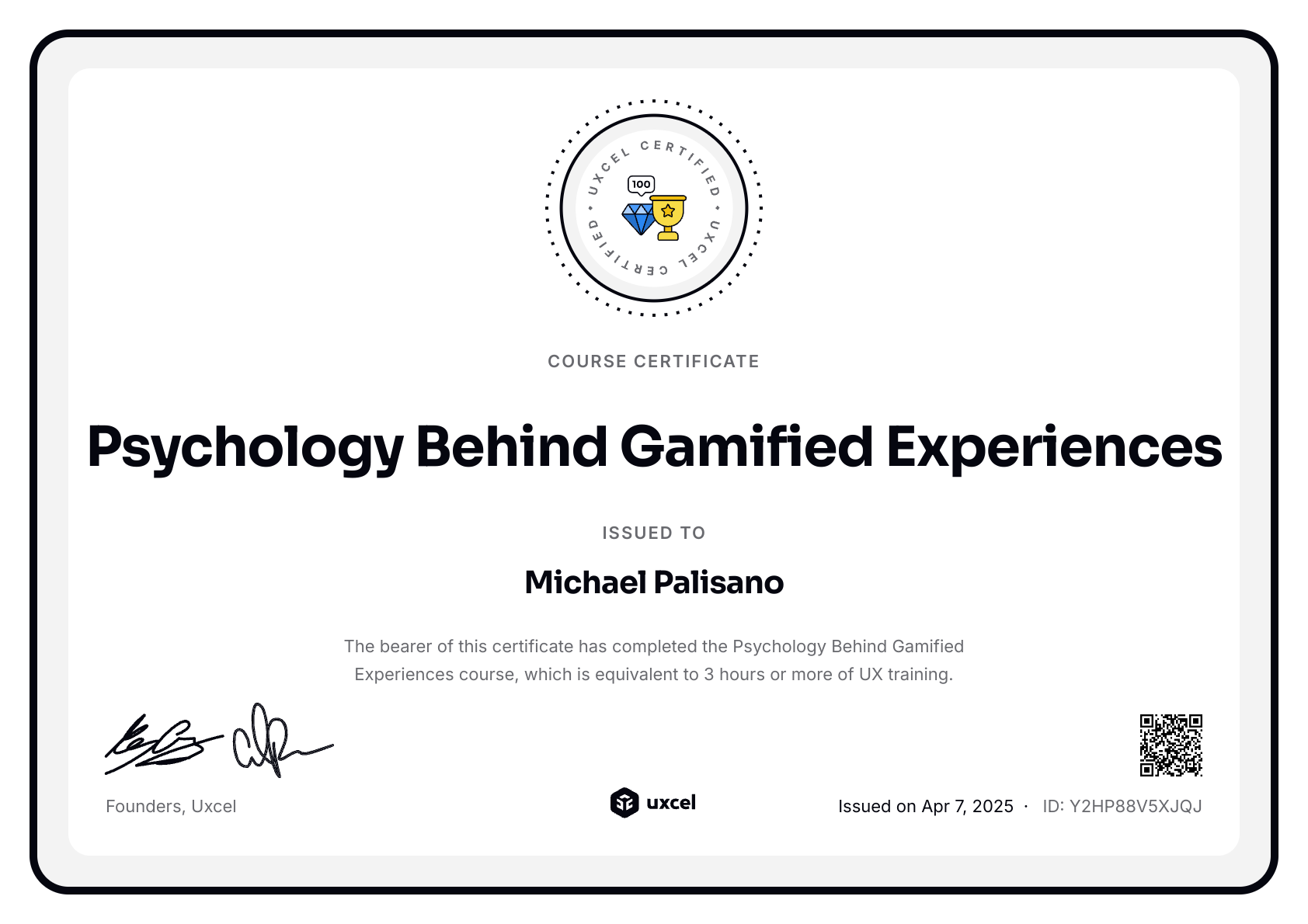 Michael Palisano's certificate